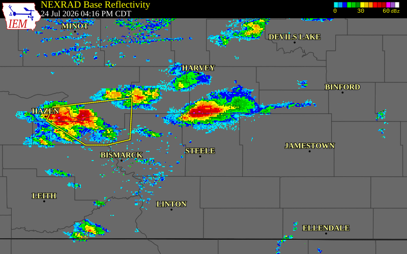 NEXRAD radar during the Friday, July 24, 2026 storm activity in Foster County, North Dakota
