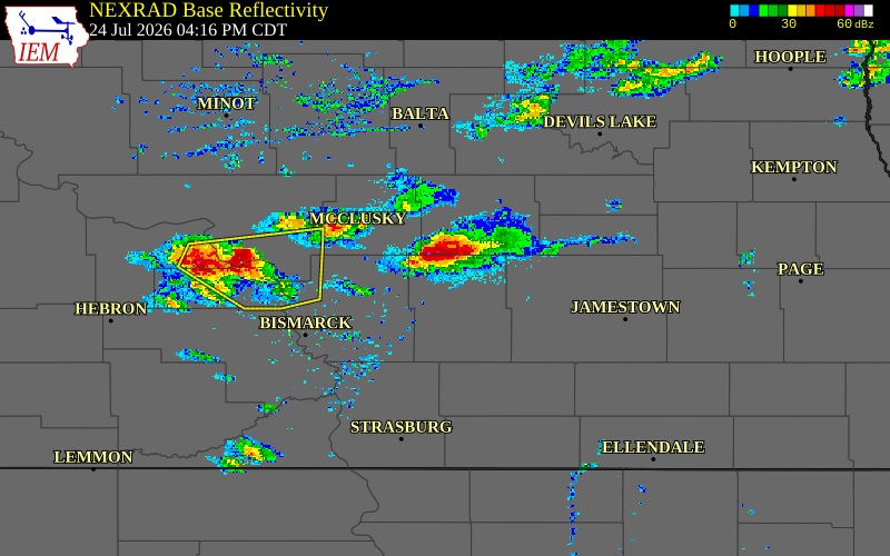 Radar snapshot during the Jul 24, 2026 hail event near Foster County, Foster County, North Dakota, with NWS warning polygons