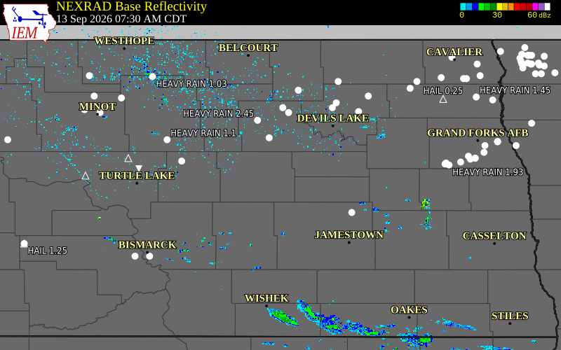 Current NEXRAD radar over Foster County, North Dakota with recent storm report locations