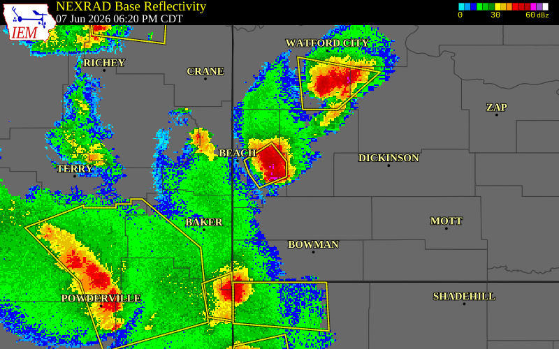 NEXRAD radar during the Sunday, June 7, 2026 storm activity in Golden Valley County, North Dakota