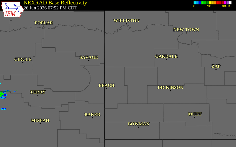 NEXRAD radar during the Friday, June 26, 2026 storm activity in Golden Valley County, North Dakota
