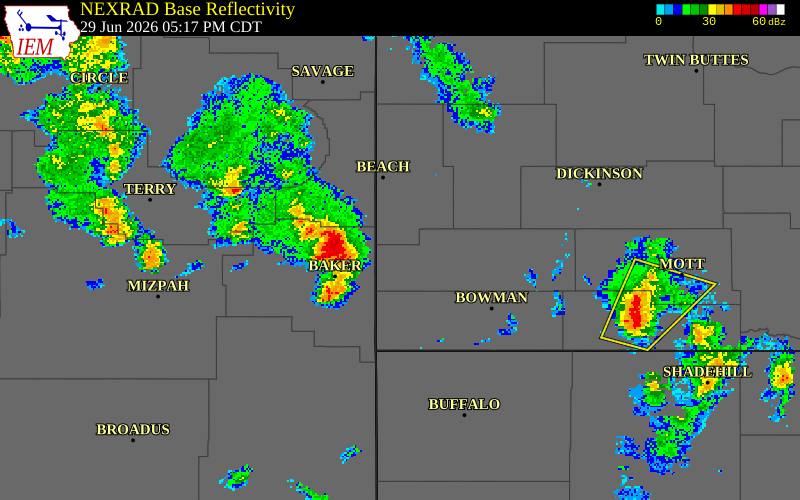 NEXRAD radar during the Monday, June 29, 2026 storm activity in Golden Valley County, North Dakota