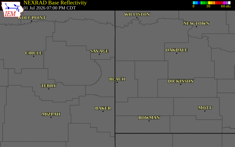 NEXRAD radar during the Wednesday, July 1, 2026 storm activity in Golden Valley County, North Dakota