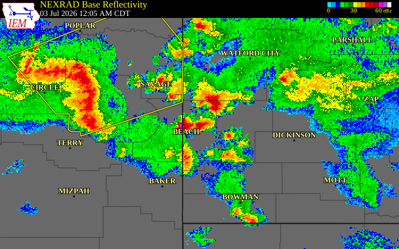 NEXRAD radar during the Friday, July 3, 2026 storm activity in Golden Valley County, North Dakota
