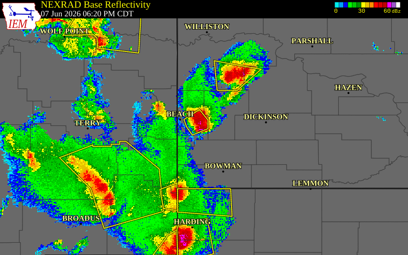 Radar snapshot during the Jun 7, 2026 hail event near 10 SW Medora, Golden Valley County, North Dakota, with NWS warning polygons