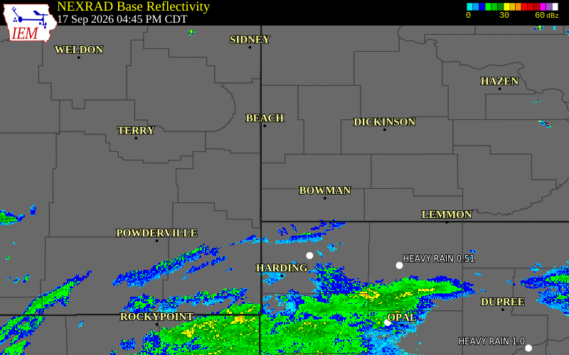 Current NEXRAD radar over Golden Valley County, North Dakota with recent storm report locations