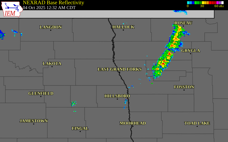 NEXRAD radar during the Saturday, October 4, 2025 storm activity in Grand Forks County, North Dakota