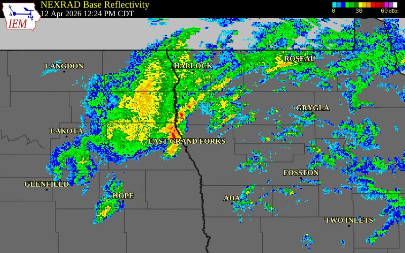 NEXRAD radar during the Sunday, April 12, 2026 storm activity in Grand Forks County, North Dakota