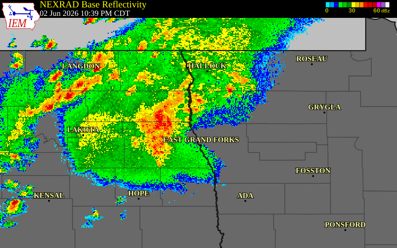 NEXRAD radar during the Tuesday, June 2, 2026 storm activity in Grand Forks County, North Dakota