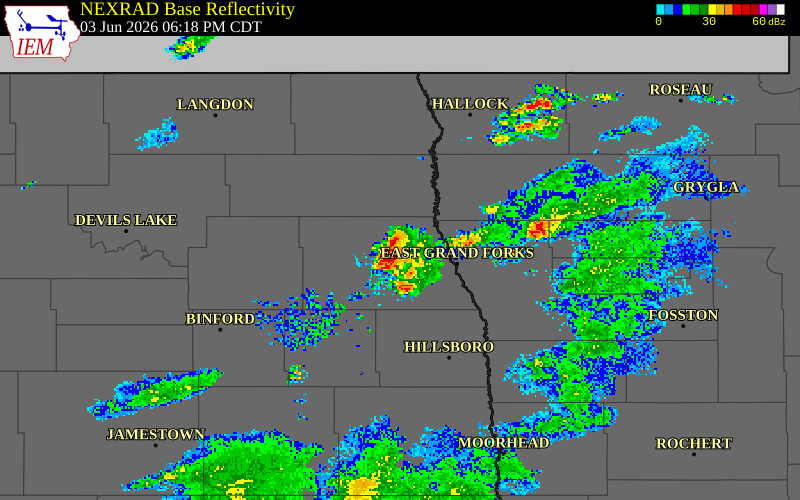 NEXRAD radar during the Wednesday, June 3, 2026 storm activity in Grand Forks County, North Dakota