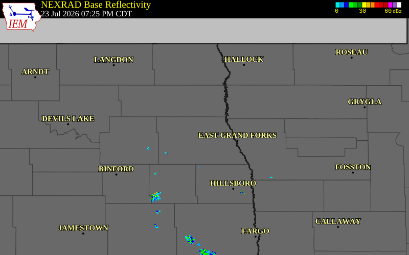 NEXRAD radar during the Thursday, July 23, 2026 storm activity in Grand Forks County, North Dakota
