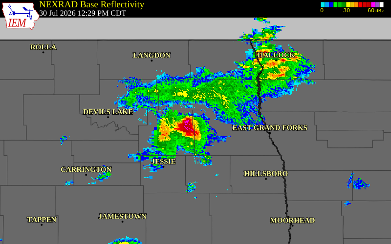 NEXRAD radar during the Thursday, July 30, 2026 storm activity in Grand Forks County, North Dakota