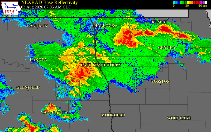 NEXRAD radar during the Monday, August 3, 2026 storm activity in Grand Forks County, North Dakota