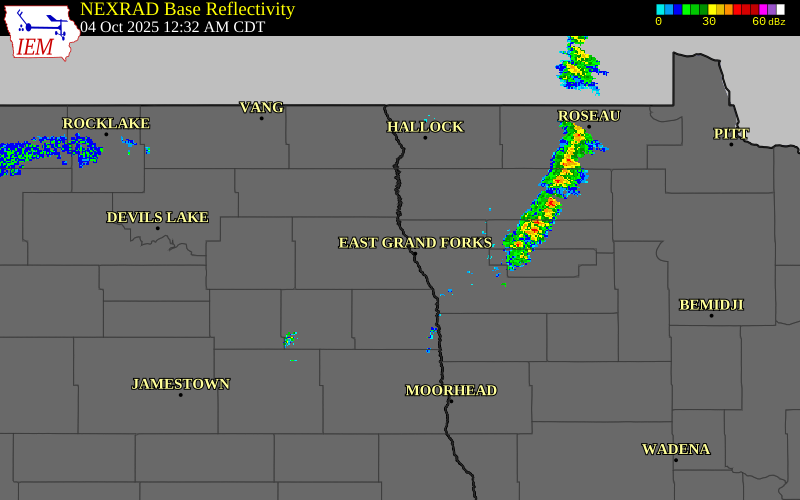 Radar snapshot during the Oct 4, 2025 wind event near 4 NW Grand Forks, Grand Forks County, North Dakota, with NWS warning polygons