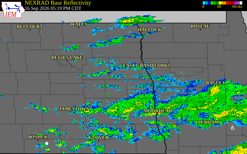 Current NEXRAD radar over Grand Forks County, North Dakota with recent storm report locations