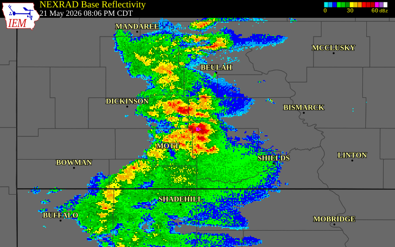 NEXRAD radar during the Thursday, May 21, 2026 storm activity in Grant County, North Dakota