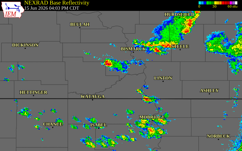NEXRAD radar during the Monday, June 15, 2026 storm activity in Grant County, North Dakota