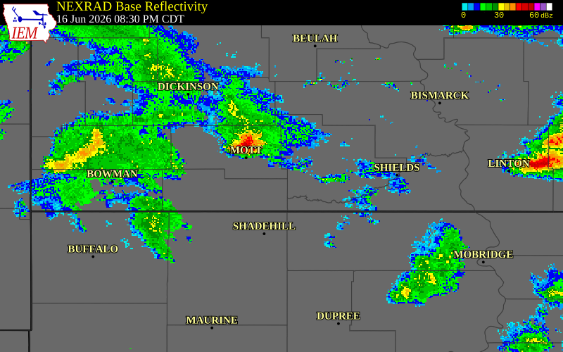NEXRAD radar during the Tuesday, June 16, 2026 storm activity in Grant County, North Dakota