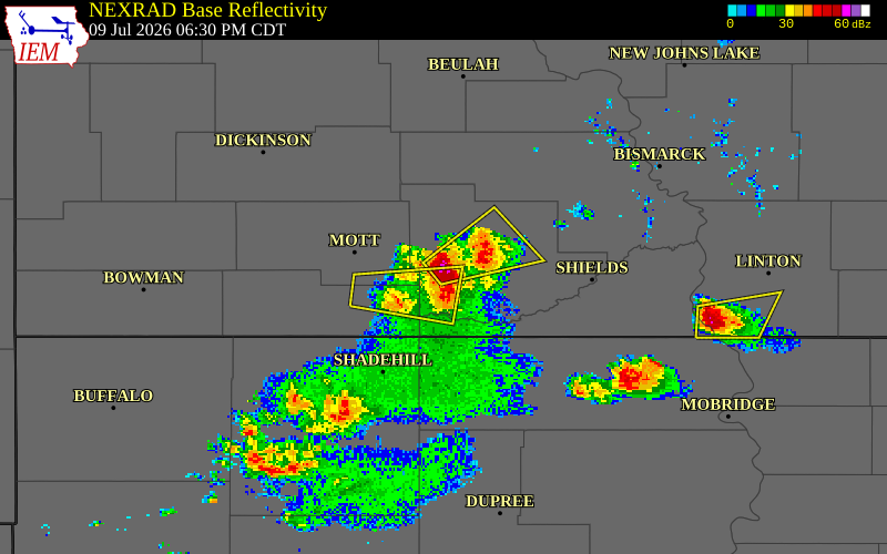 NEXRAD radar during the Thursday, July 9, 2026 storm activity in Grant County, North Dakota