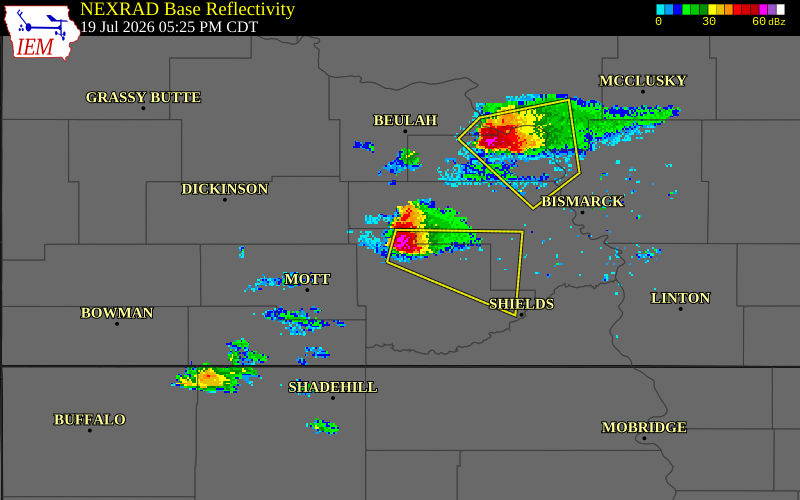 NEXRAD radar during the Sunday, July 19, 2026 storm activity in Grant County, North Dakota