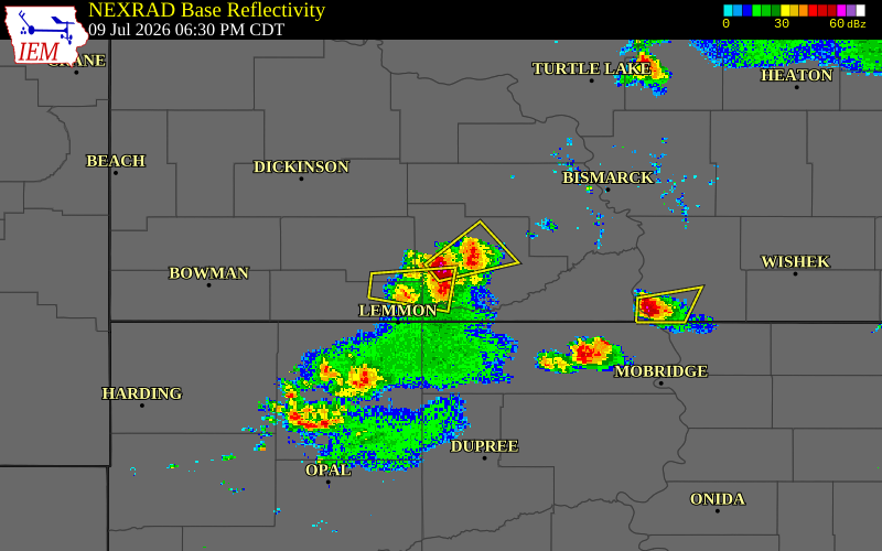 Radar snapshot during the Jul 9, 2026 hail event near 9 SSE New Leipzig, Grant County, North Dakota, with NWS warning polygons