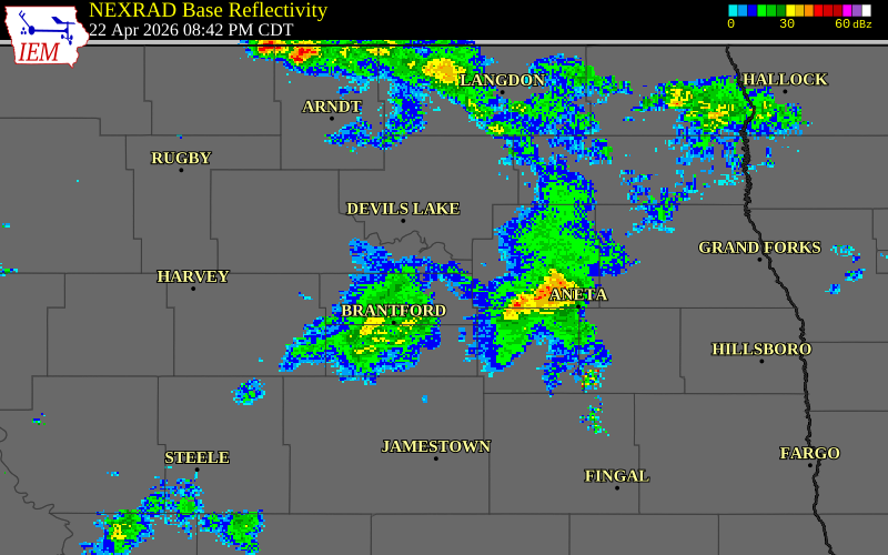 NEXRAD radar during the Wednesday, April 22, 2026 storm activity in Griggs County, North Dakota