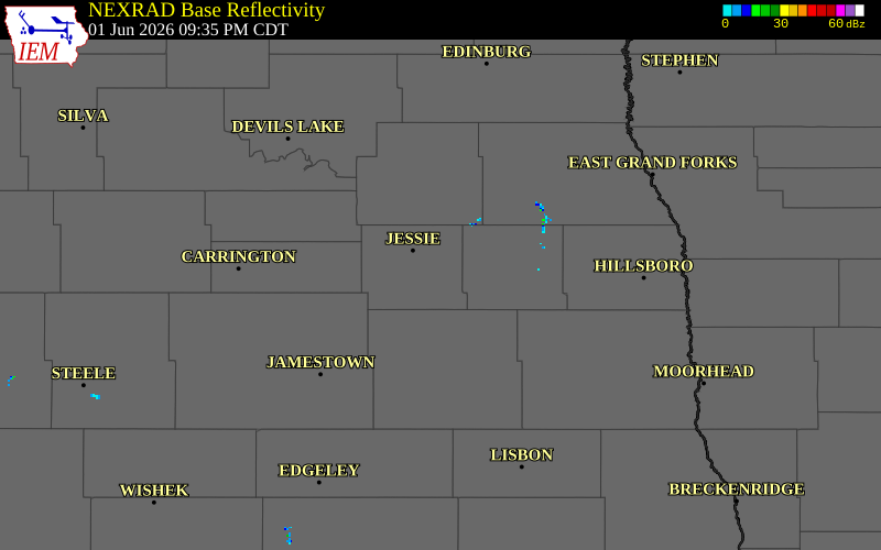 NEXRAD radar during the Monday, June 1, 2026 storm activity in Griggs County, North Dakota