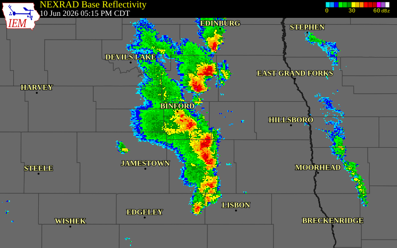 NEXRAD radar during the Wednesday, June 10, 2026 storm activity in Griggs County, North Dakota