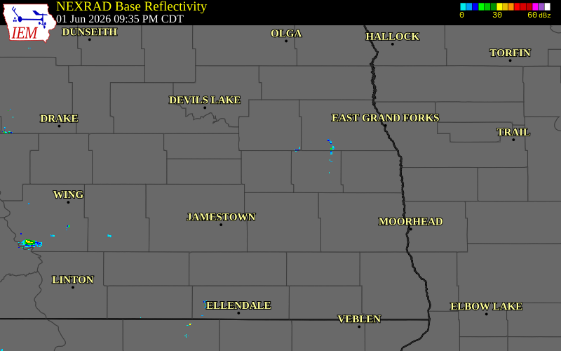 Radar snapshot during the Jun 1, 2026 wind event near 2 SSE Cooperstown, Griggs County, North Dakota, with NWS warning polygons
