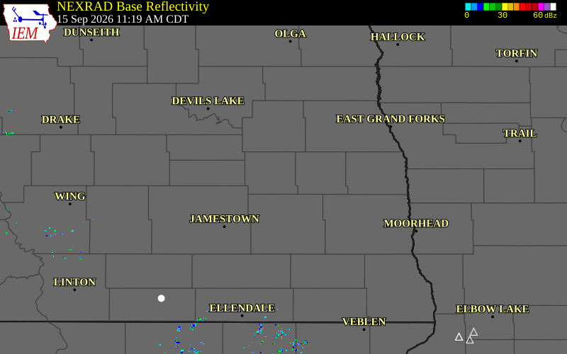 Current NEXRAD radar over Griggs County, North Dakota with recent storm report locations