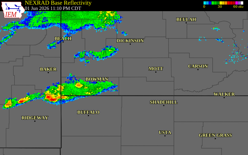 NEXRAD radar during the Monday, June 1, 2026 storm activity in Hettinger County, North Dakota