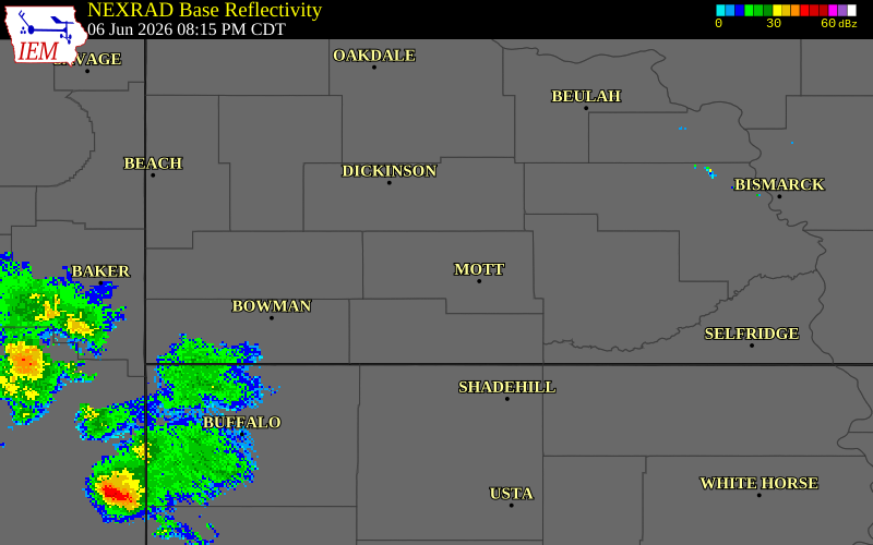 NEXRAD radar during the Saturday, June 6, 2026 storm activity in Hettinger County, North Dakota