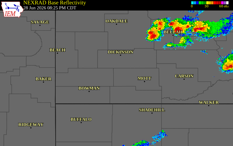 NEXRAD radar during the Sunday, June 28, 2026 storm activity in Hettinger County, North Dakota