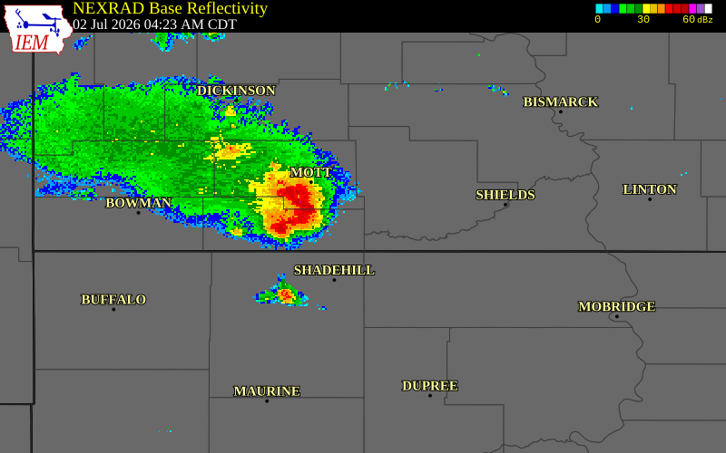 NEXRAD radar during the Thursday, July 2, 2026 storm activity in Hettinger County, North Dakota