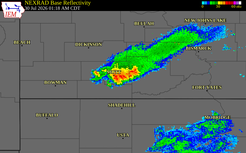 NEXRAD radar during the Thursday, July 30, 2026 storm activity in Hettinger County, North Dakota