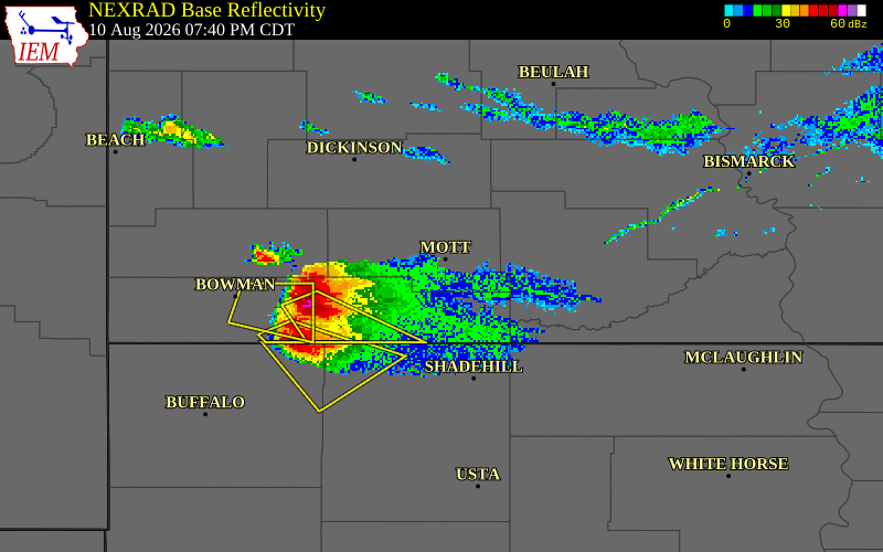 NEXRAD radar during the Monday, August 10, 2026 storm activity in Hettinger County, North Dakota