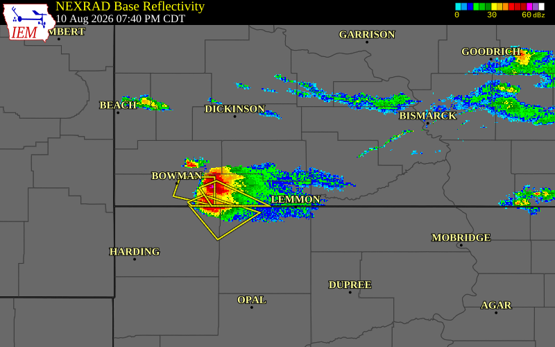 Radar snapshot during the Aug 10, 2026 hail event near 6 S Mott, Hettinger County, North Dakota, with NWS warning polygons