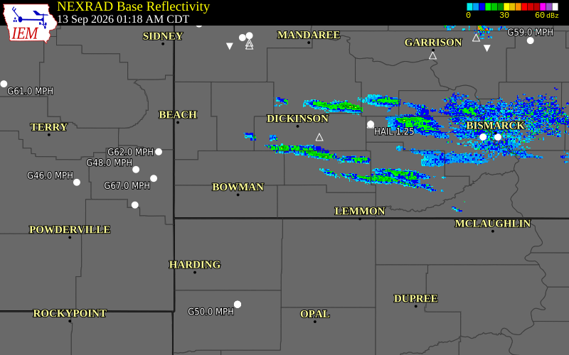 Current NEXRAD radar over Hettinger County, North Dakota with recent storm report locations