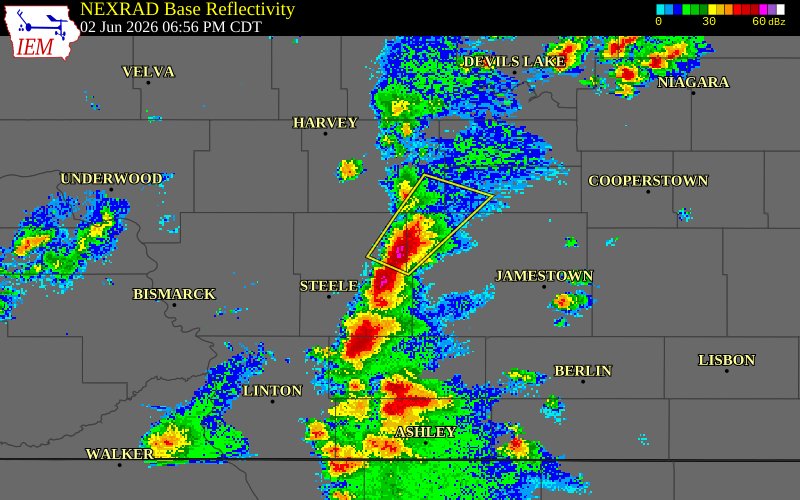 NEXRAD radar during the Tuesday, June 2, 2026 storm activity in Kidder County, North Dakota