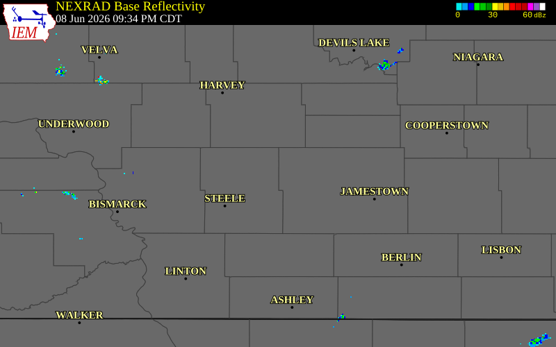 NEXRAD radar during the Monday, June 8, 2026 storm activity in Kidder County, North Dakota