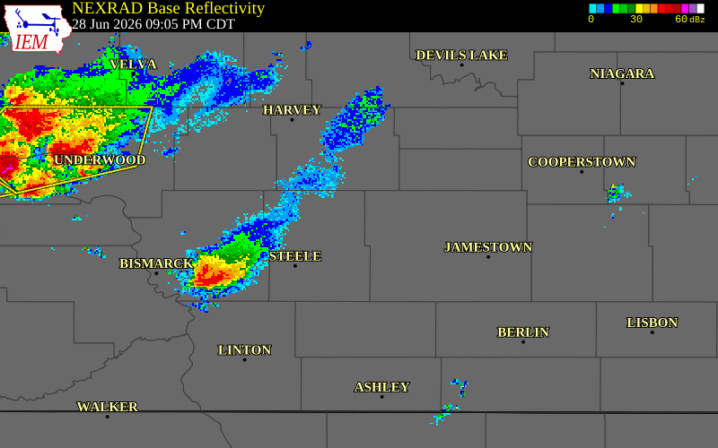 NEXRAD radar during the Sunday, June 28, 2026 storm activity in Kidder County, North Dakota