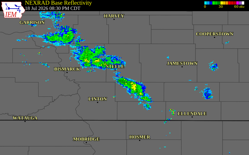NEXRAD radar during the Saturday, July 18, 2026 storm activity in Kidder County, North Dakota