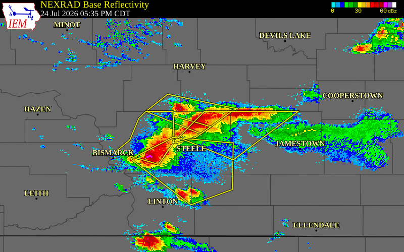 NEXRAD radar during the Friday, July 24, 2026 storm activity in Kidder County, North Dakota