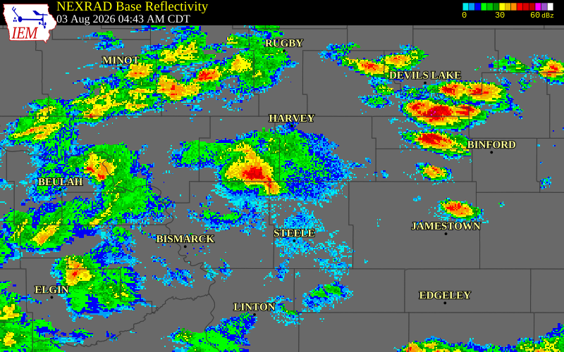 NEXRAD radar during the Monday, August 3, 2026 storm activity in Kidder County, North Dakota