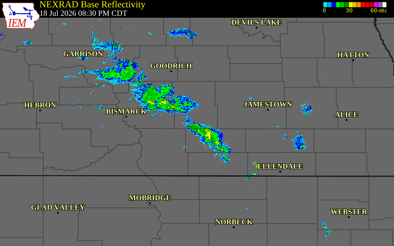 Radar snapshot during the Jul 18, 2026 hail event near 7 S Lake Isabel, Kidder County, North Dakota, with NWS warning polygons
