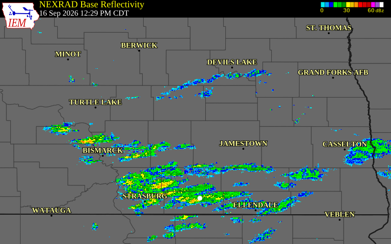 Current NEXRAD radar over Kidder County, North Dakota with recent storm report locations