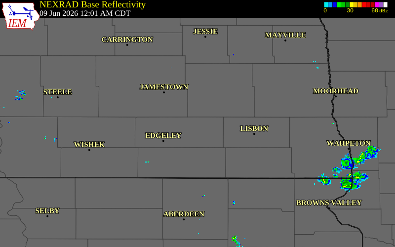 NEXRAD radar during the Tuesday, June 9, 2026 storm activity in LaMoure County, North Dakota
