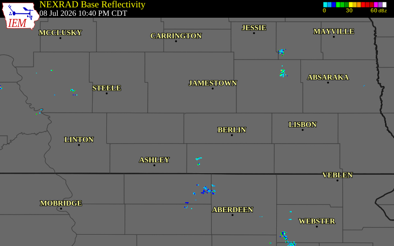 NEXRAD radar during the Wednesday, July 8, 2026 storm activity in LaMoure County, North Dakota