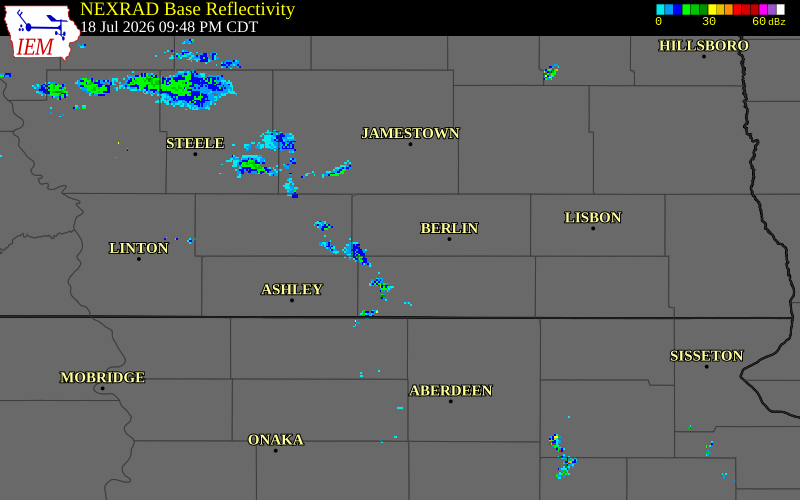 NEXRAD radar during the Saturday, July 18, 2026 storm activity in LaMoure County, North Dakota