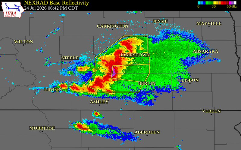NEXRAD radar during the Friday, July 24, 2026 storm activity in LaMoure County, North Dakota